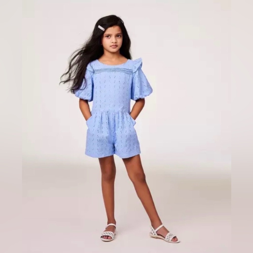 Janie and Jack Blue Eyelet Bubble Sleeve Romper